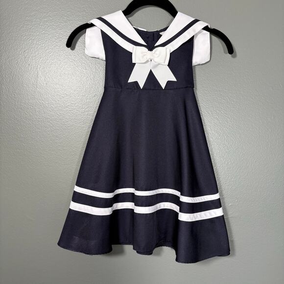 Rare Editions Little Girls Blue Sleeveless Sailor Dress - Size 4T/4 - White Bow - Picture 1 of 7